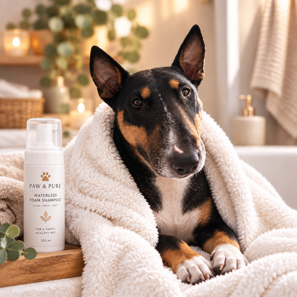 Bull terrier fresh and clean after waterless foam shampoo
