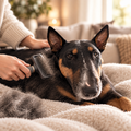 Bull terrier being groomed with a deshedding slicker brush