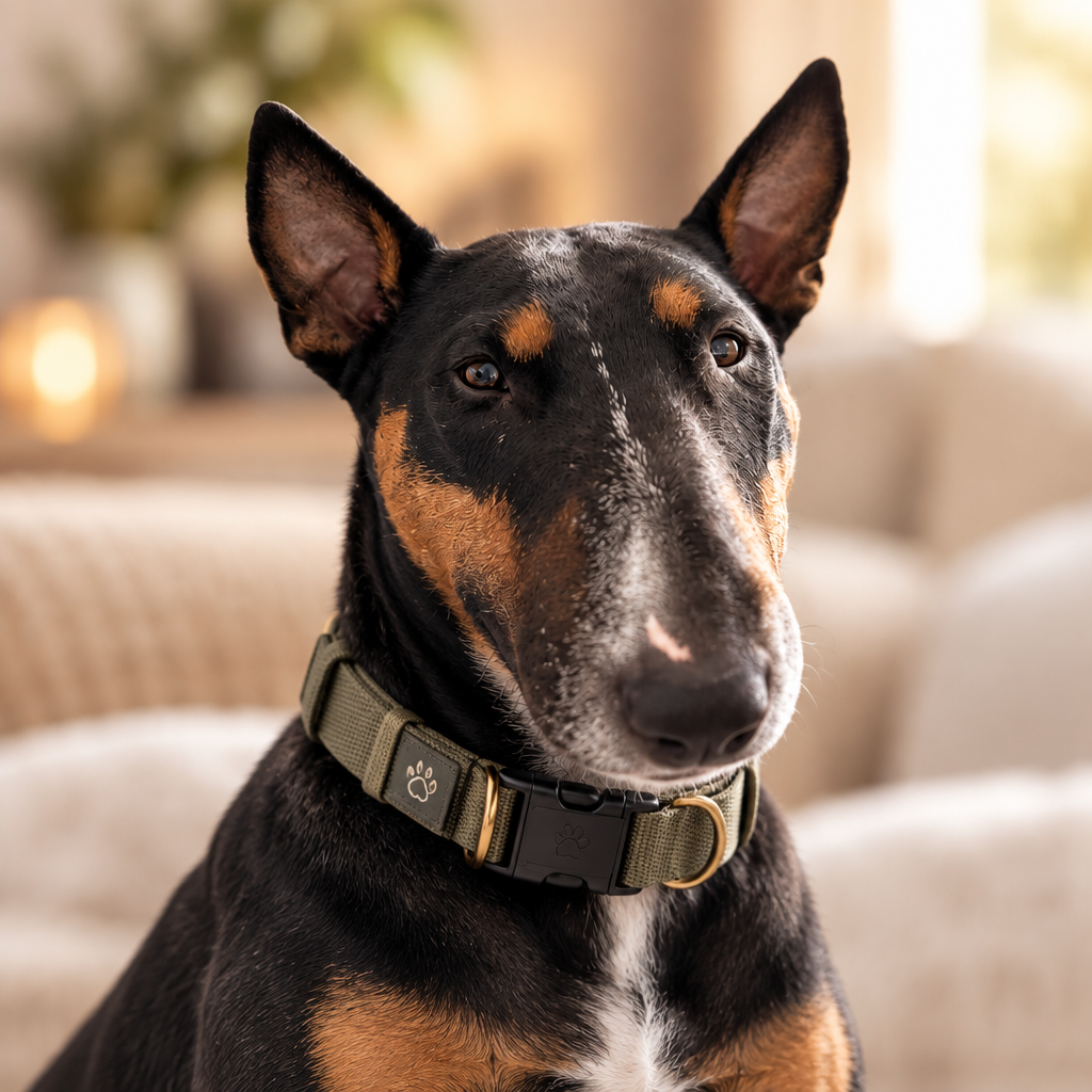 Bull terrier wearing an adjustable collar with safety buckle