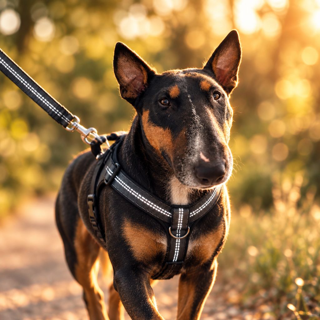 Bull terrier on a walk with a reflective nylon leash