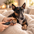 Bull terrier getting nails gently groomed with a nail grinder