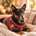 Bull terrier wearing a festive holiday knit dog sweater