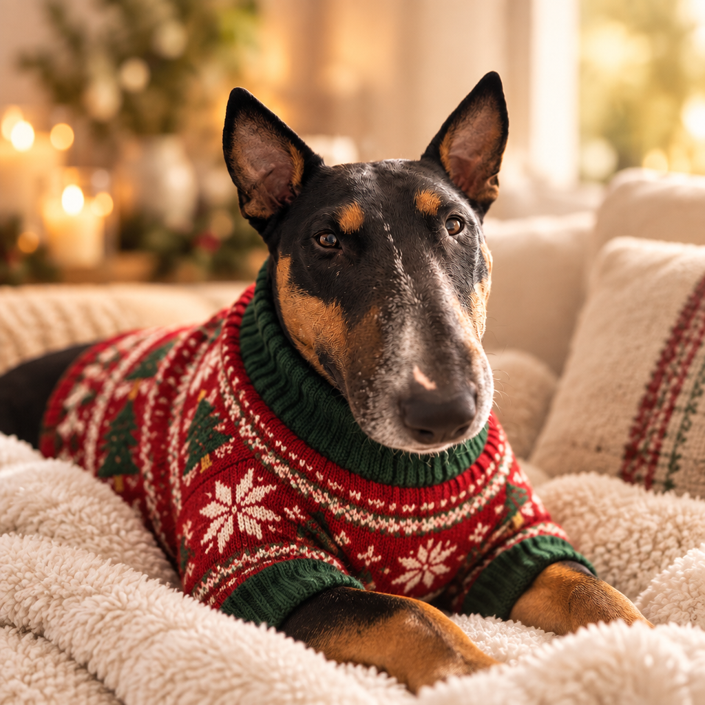 Bull terrier wearing a festive holiday knit dog sweater