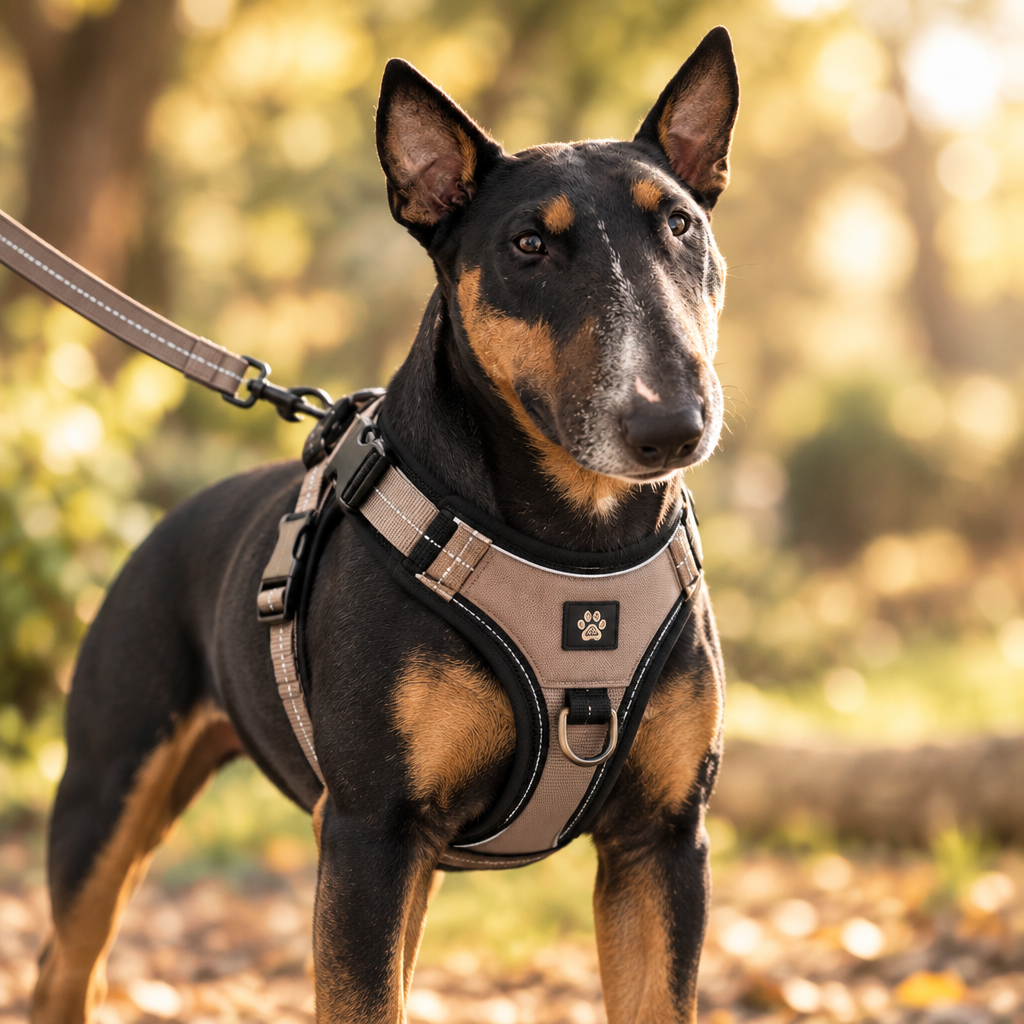 Bull terrier wearing an ergonomic no-pull dog harness outdoors