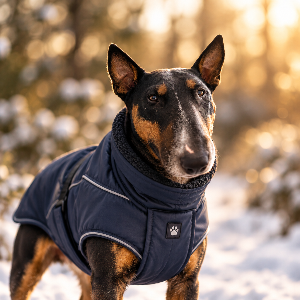 Bull terrier wearing an all-weather thermal winter dog jacket outdoors