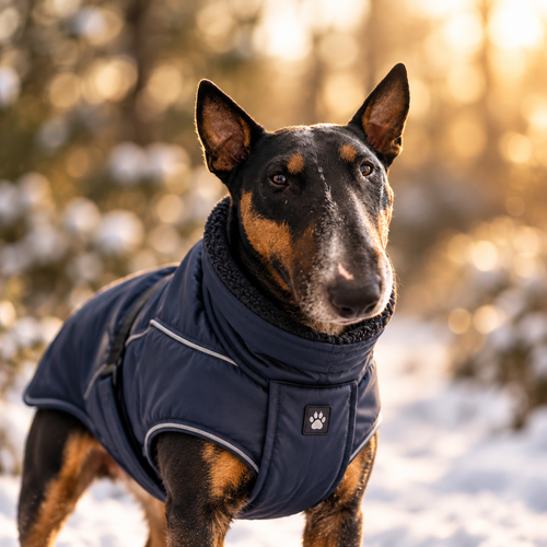 Bull terrier wearing an all-weather thermal winter dog jacket outdoors