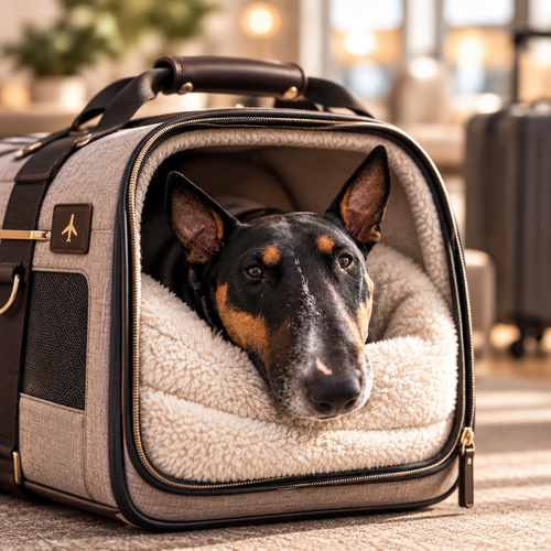 Bull terrier inside an airline-approved soft pet carrier bag