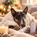 Peaceful bull terrier in a cozy luxury home with calming lavender spray nearby