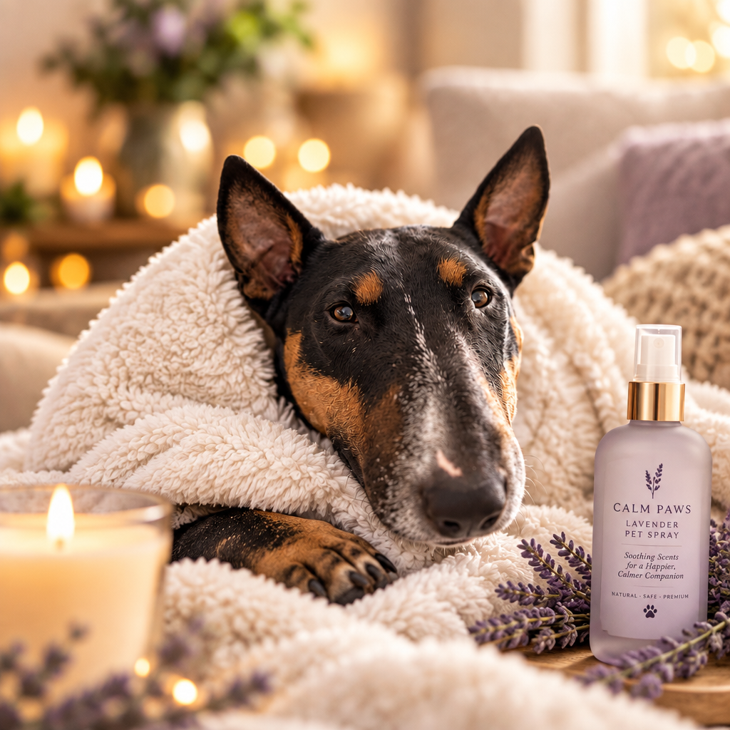 Peaceful bull terrier in a cozy luxury home with calming lavender spray nearby