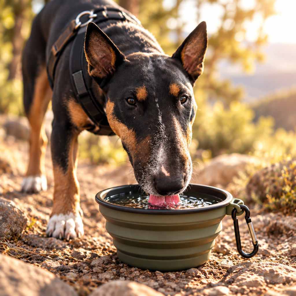 Bull terrier drinking from a foldable silicone travel water bowl outdoors